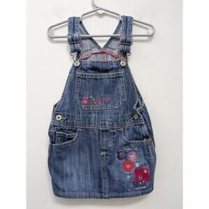OSHKOSH B’GOSH Baby Girl Jean Denim Overall Jumper Dress Floral Embroider Sz 3
